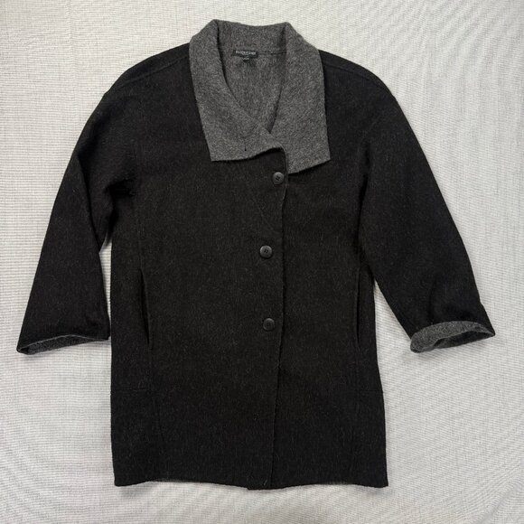 Eileen Fisher Baby Alpaca Wool Blend Gray Jacket Black Shawl Collar Size PS - Picture 1 of 13